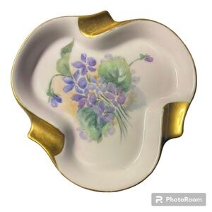 MCM Mid Century ash tray, holds 3, gold trim and hand painted
